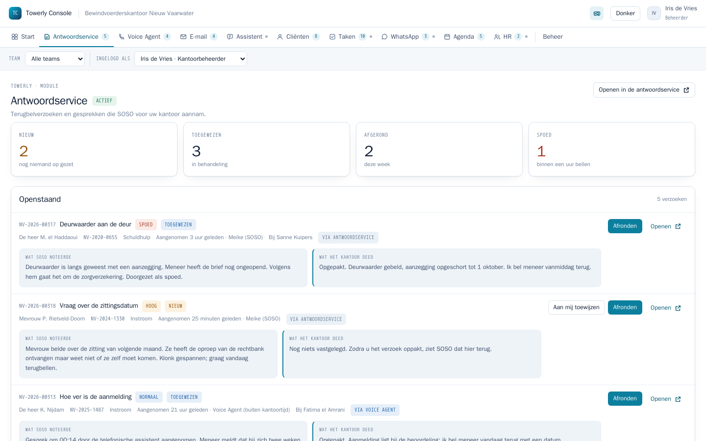 Module Antwoordservice met een lijst terugbelverzoeken, urgentie en toegewezen team