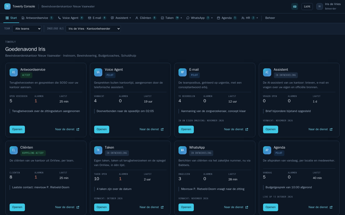 Het Towerly-dashboard in het donkere thema