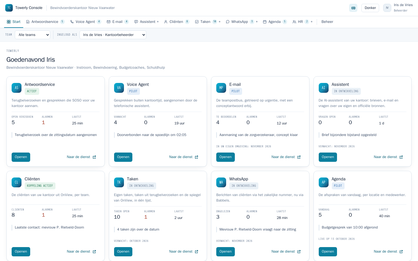 Het Towerly-dashboard met negen diensttegels en de activiteit van vandaag